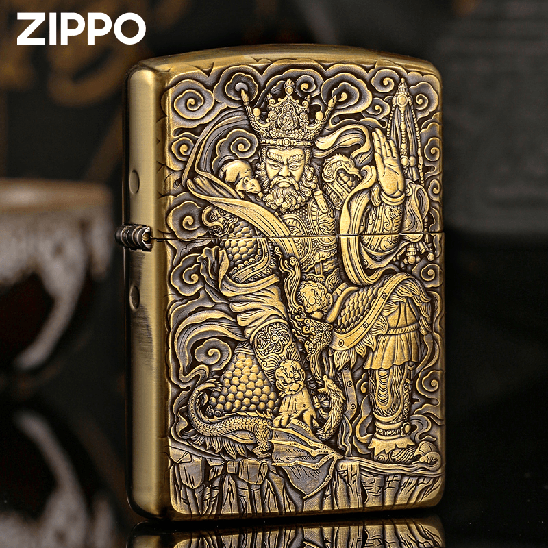 ZIPPO打火机鬼王-多闻天王立体雕刻黄铜盔甲高档防风火机DY9813FD