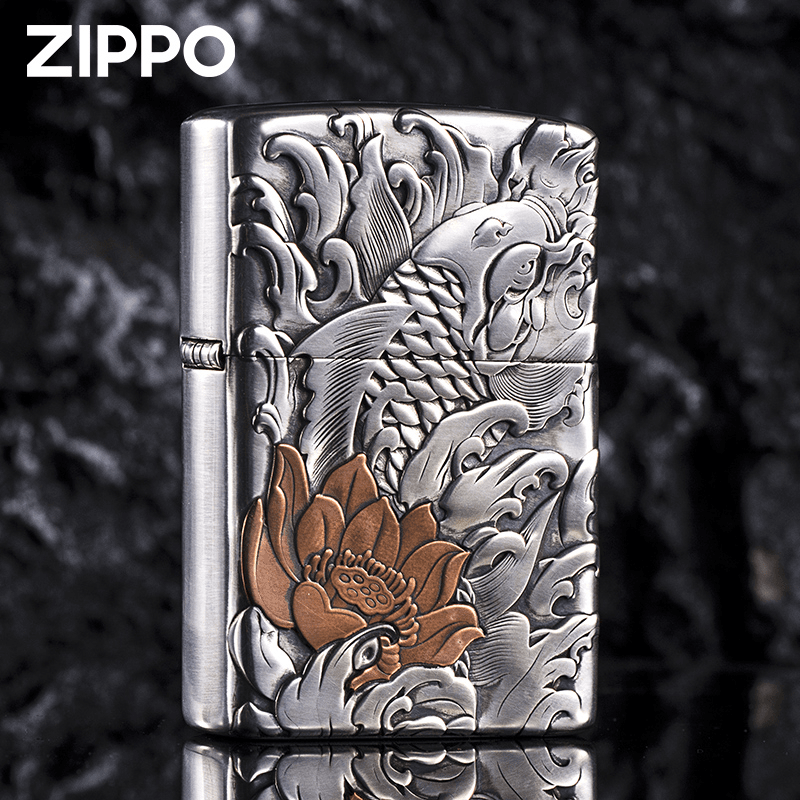 ZIPPO/之宝打火机浮雕鱼戏莲叶3D套壳机S925银正品打火机男士DYJ1