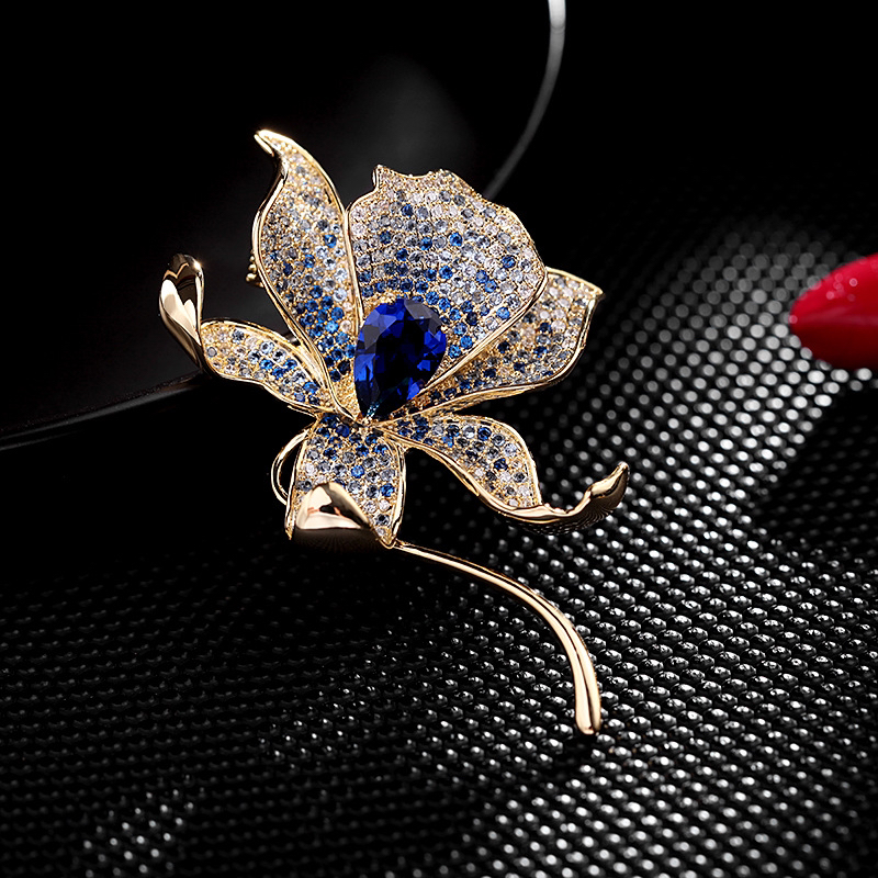 铜合金合成锆石胸针 胸花胸针高档奢华百合花胸花女优雅大气配饰