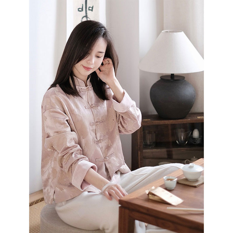 新中式女装茶服外套女2023春秋新款高级感唐装中国风粉色盘扣上衣