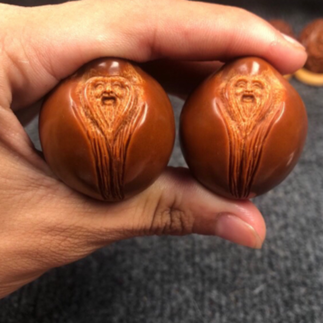巴西橄榄核雕寿星手球一对