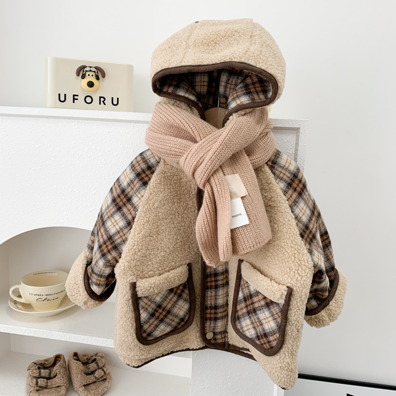 雅鹿男女童夹棉外套冬季2023新款韩版儿童洋气毛毛衣连帽棉衣保暖