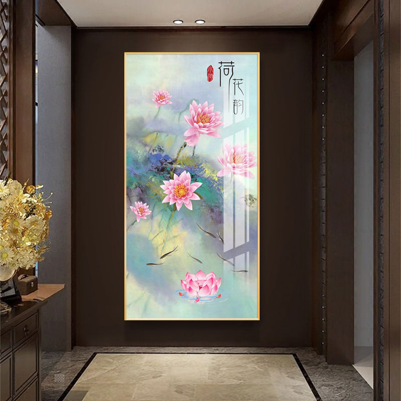 【荷花韵】晶瓷镶钻玄关画入户装饰画新中式背景墙挂画