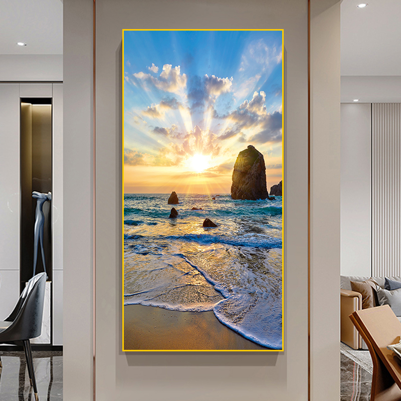 浪漫海边晶瓷镶钻玄关画入户装饰画背景墙挂画时尚客厅风景单幅画