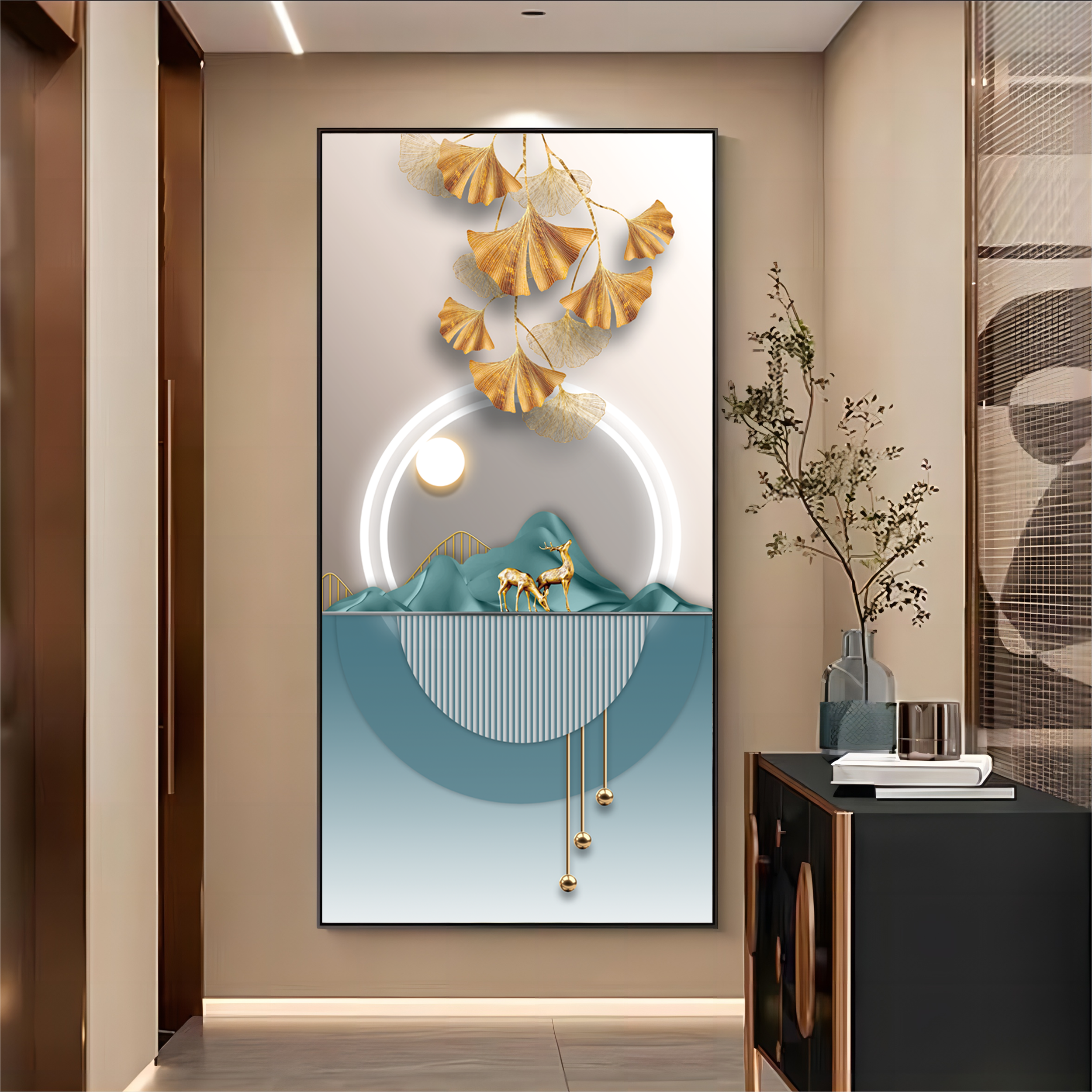 现代轻奢晶瓷玄关装饰画入户背景墙挂画时尚简约铝合金框单幅壁画