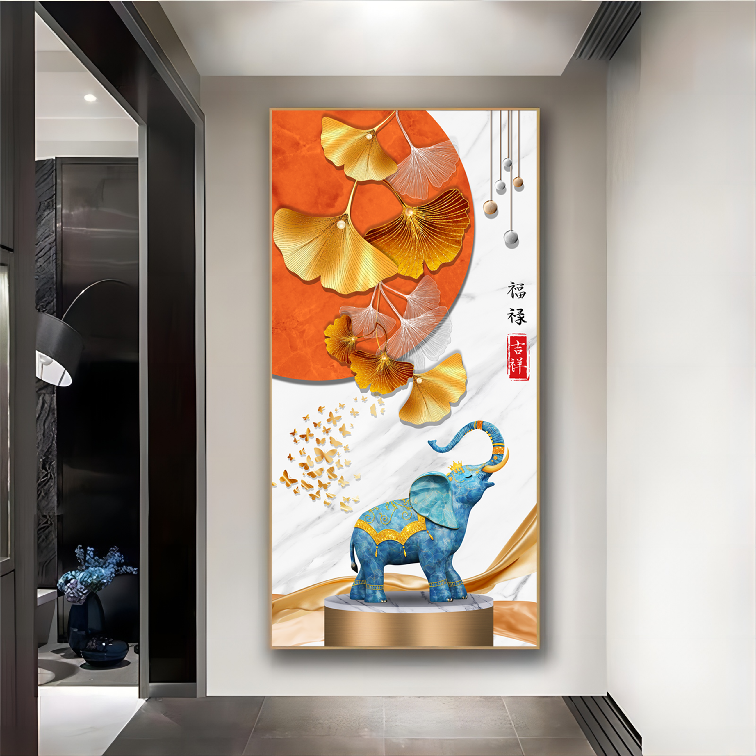 玄关装饰画招财福象现代轻奢吉象入户走廊尽头墙挂画竖版晶瓷壁画