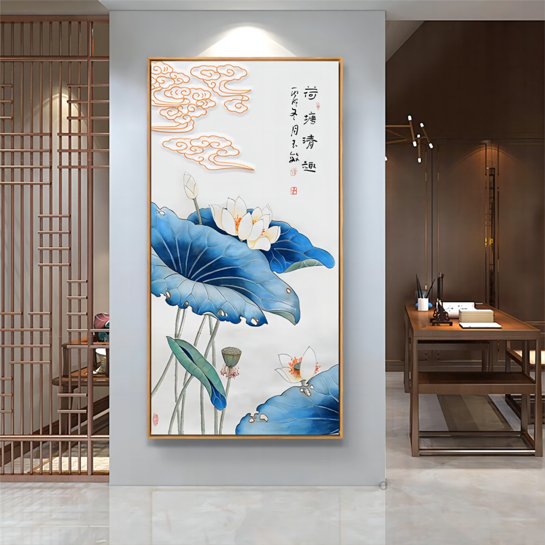 玄关装饰画富贵九鱼现代中式荷花走廊过道尽头墙挂画竖版晶瓷壁画