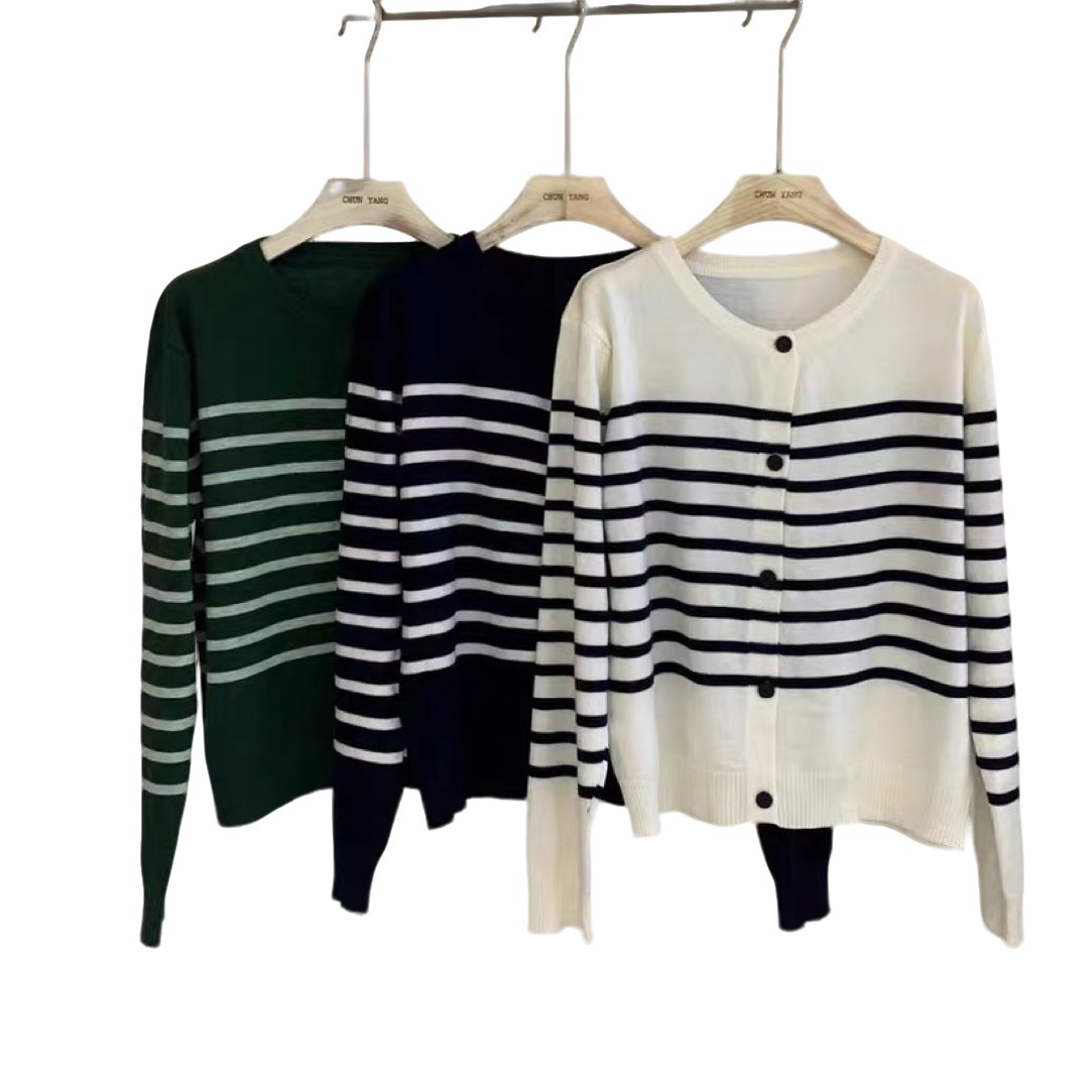 条纹圆领开衫女春秋百搭时尚宽松薄款针织上衣