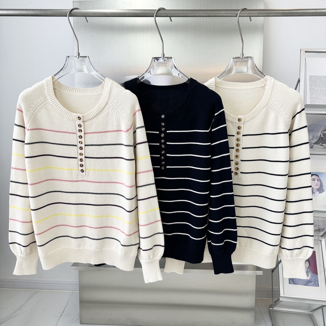 法式小众复古经典学院风纽扣单排扣圆领条纹毛衣24175