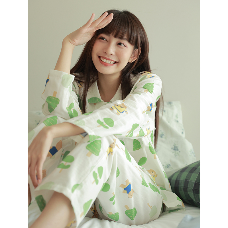 绿树玩耍熊 | 纯棉双层纱卡通趣味短袖长袖长裤韩版家居服套装