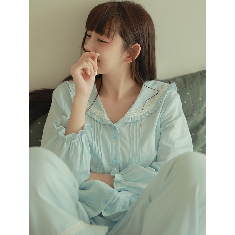 浅海蓝海军风套装 温柔简约日系纯棉纱布软糯长袖家居服睡衣