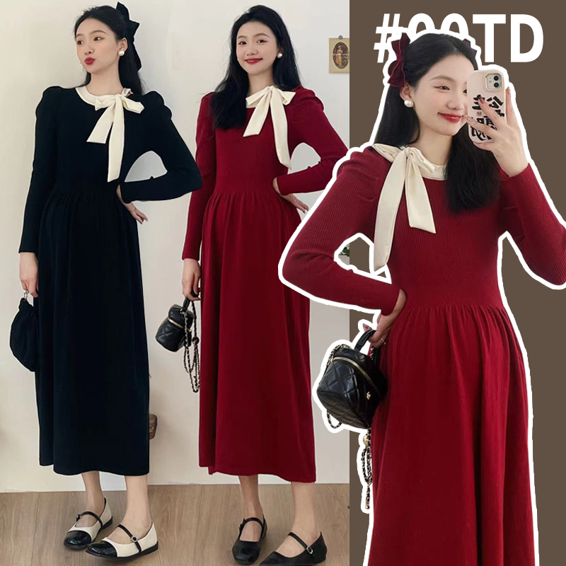 时髦孕妇装网红针织时尚网红款加厚春秋款显瘦气质洋气打底连衣裙