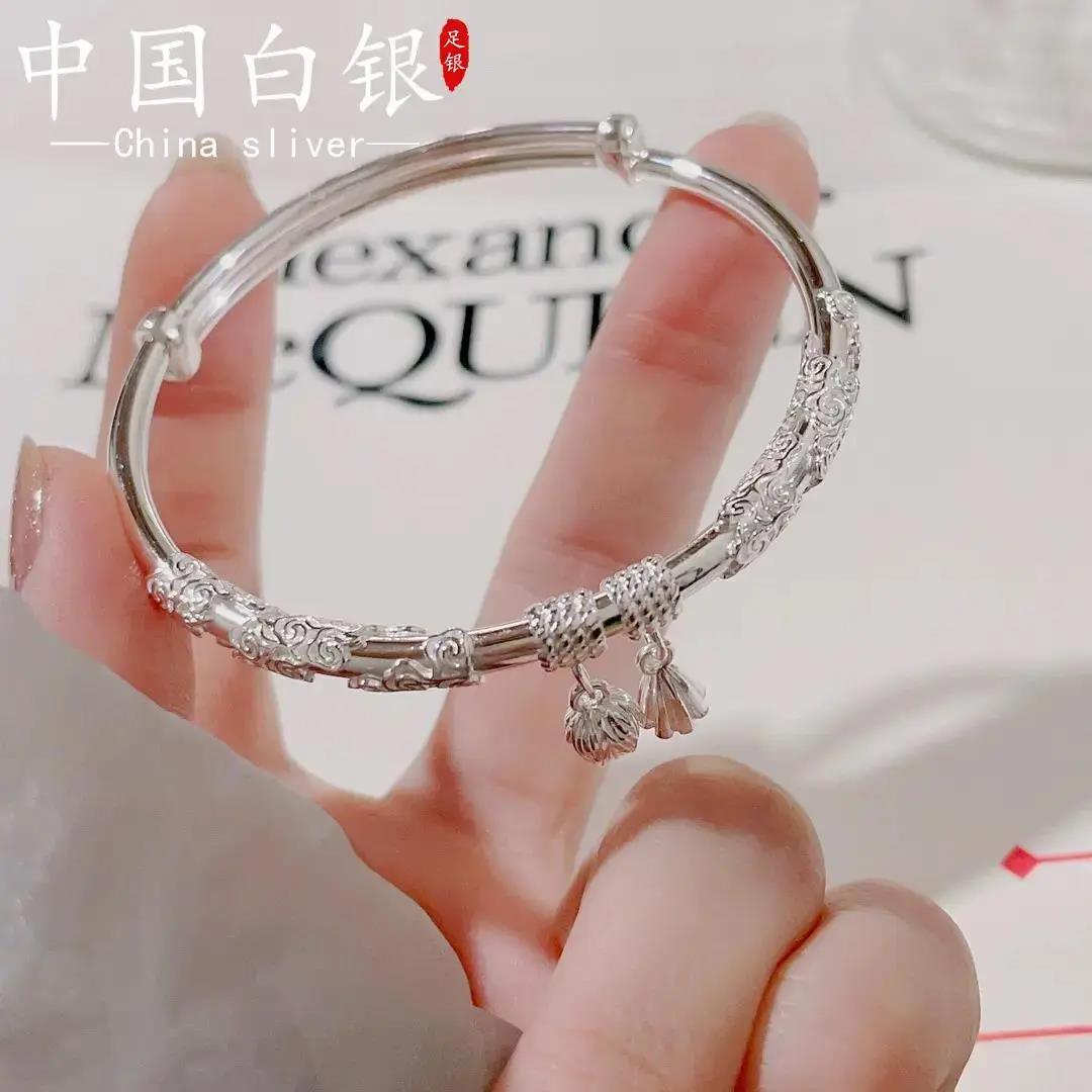 足银手镯  999纯银手镯两世欢银手镯女年轻款手环足银镯子送女友