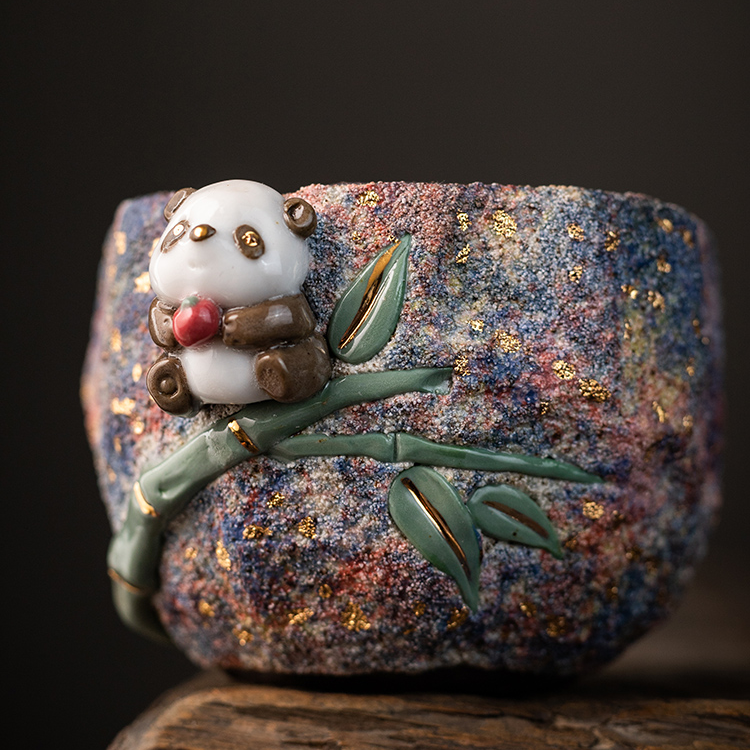 岩矿熊猫茶杯纯手工主人杯创意老岩泥品茗杯柴烧茶杯铁胎手绘茶盏