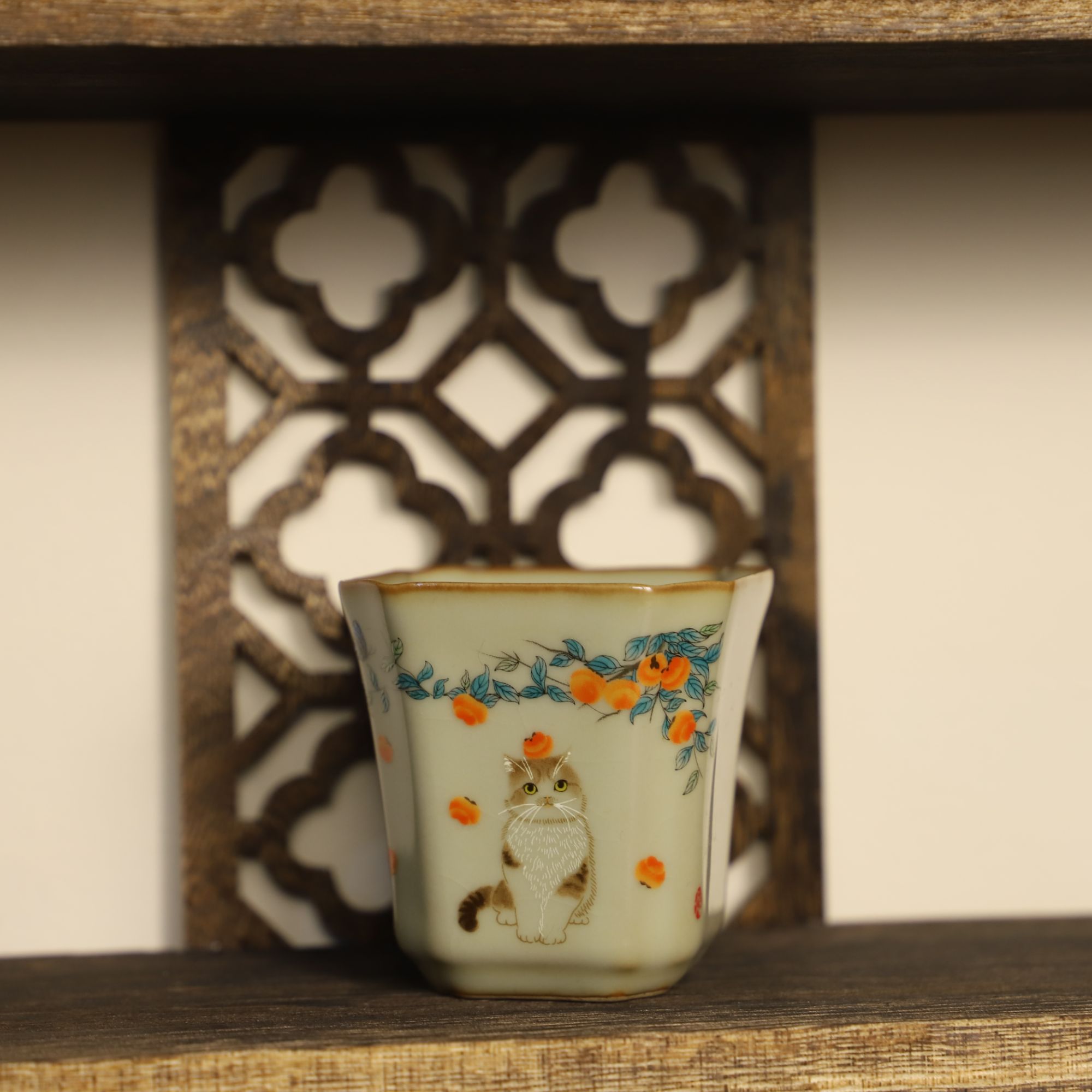 青玉汝窑柿柿如意四方杯国风猫咪中式陶瓷可爱送礼个人单杯