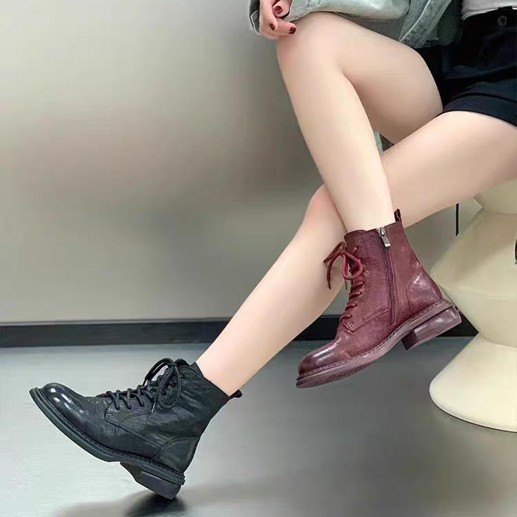 广州短靴女暗黑水洗马皮真皮复古拉链系带平跟圆头机车骑士马丁靴