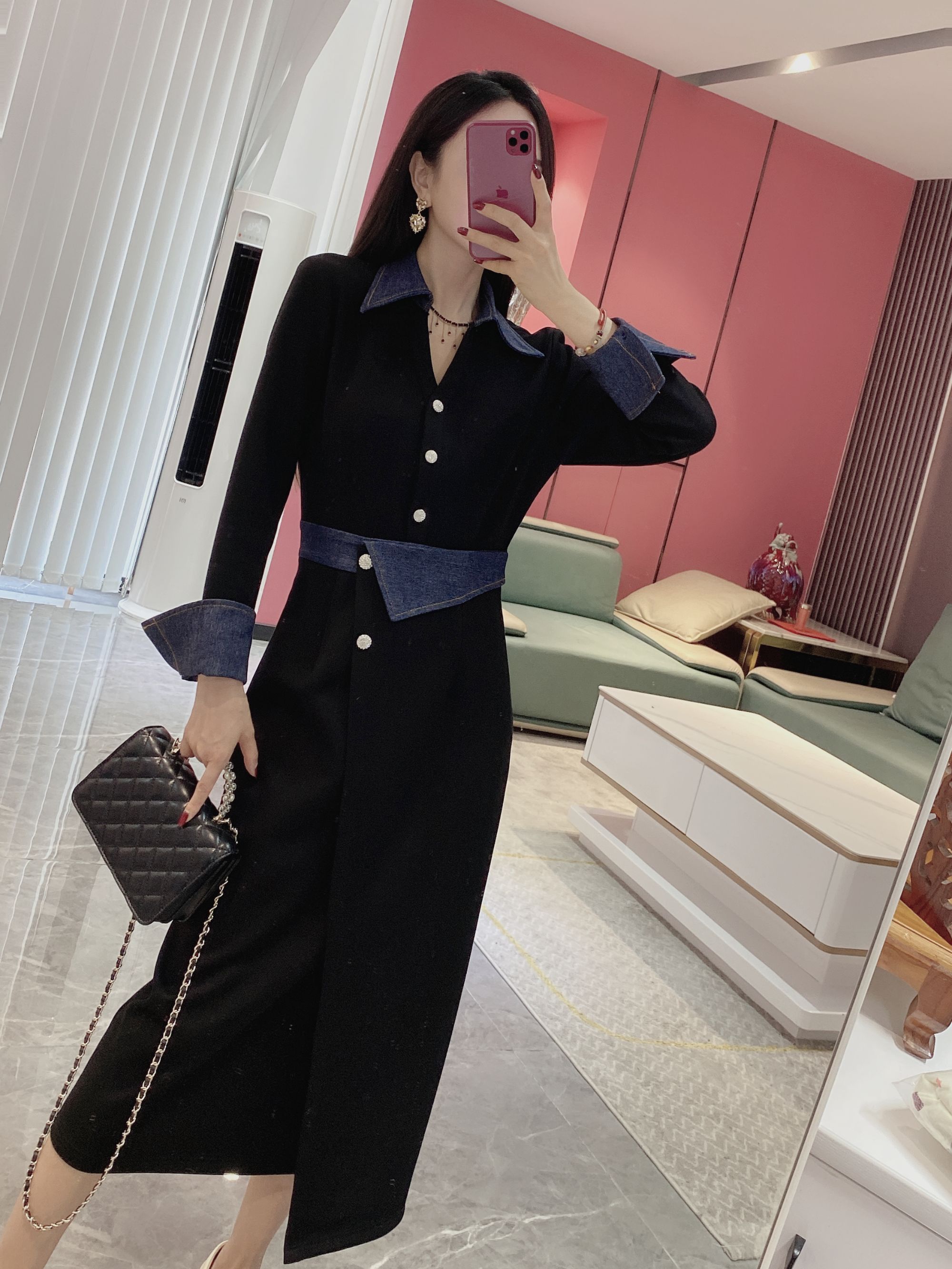 长款排扣轻奢时尚显瘦连衣裙1611