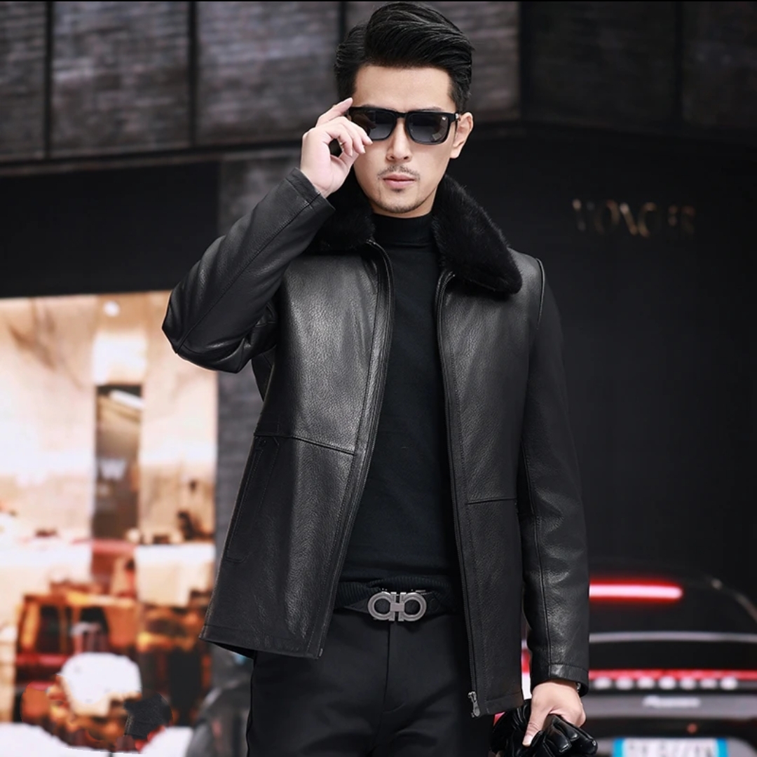 2023-0002海宁真皮男款黑色保暖山羊皮可拆卸水貂内胆真皮服饰