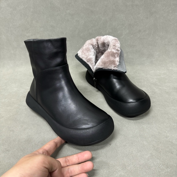 2716-16真皮复古时尚新款冬季女短靴靴子加绒保暖舒适平底小短靴