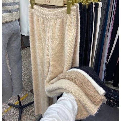 小个子水貂绒毛毛阔腿裤子女秋冬学生宽松显高穿搭休闲针织裤