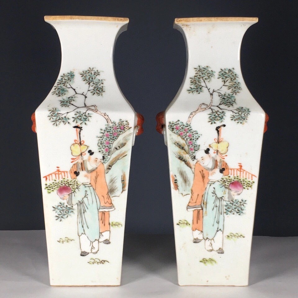 复古陶瓷器人物故事双耳四方瓶茶室书房办公室客厅玄关博古架摆件