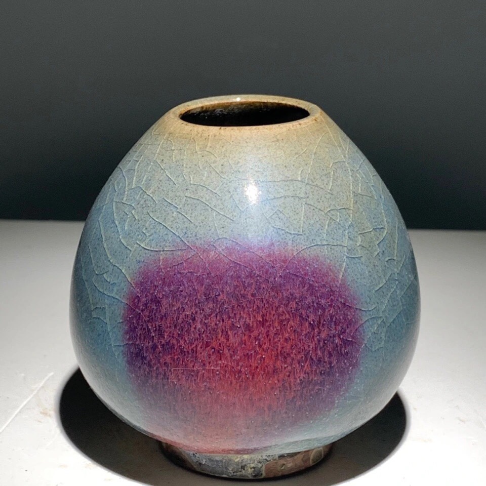 复古陶瓷器一抹红满开片鸡心水盂文房茶室书房办公室客厅玄关摆件