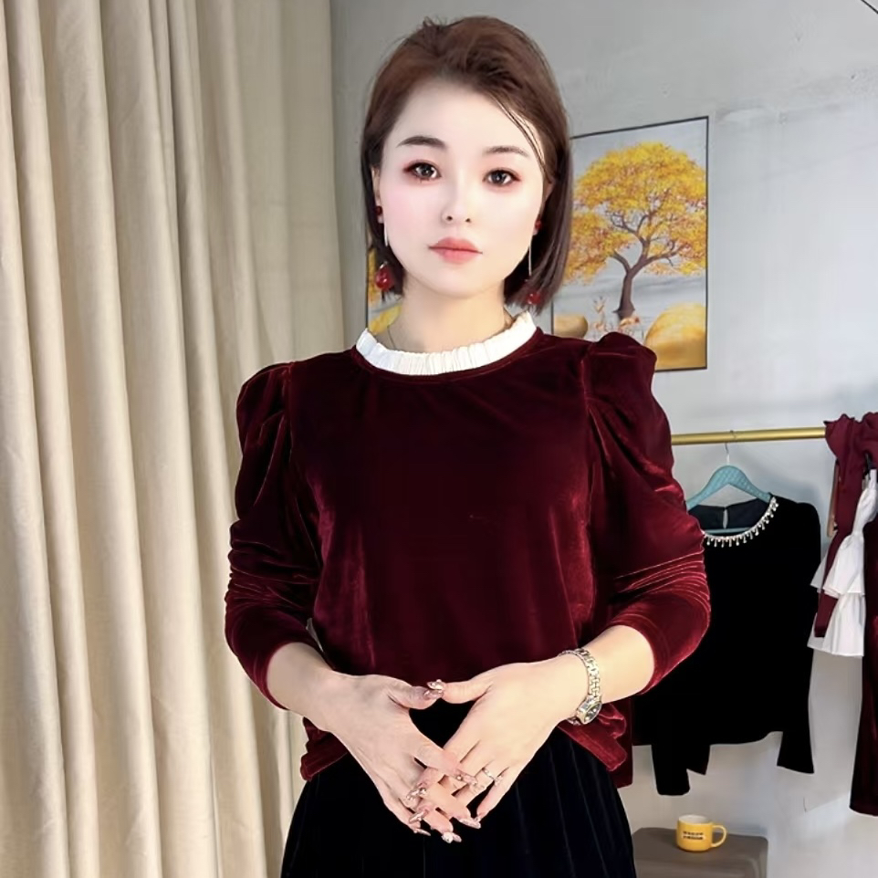 气质优雅高端丝绒上衣洋气显瘦圆领设计长袖黑色打底衫女士秋冬季