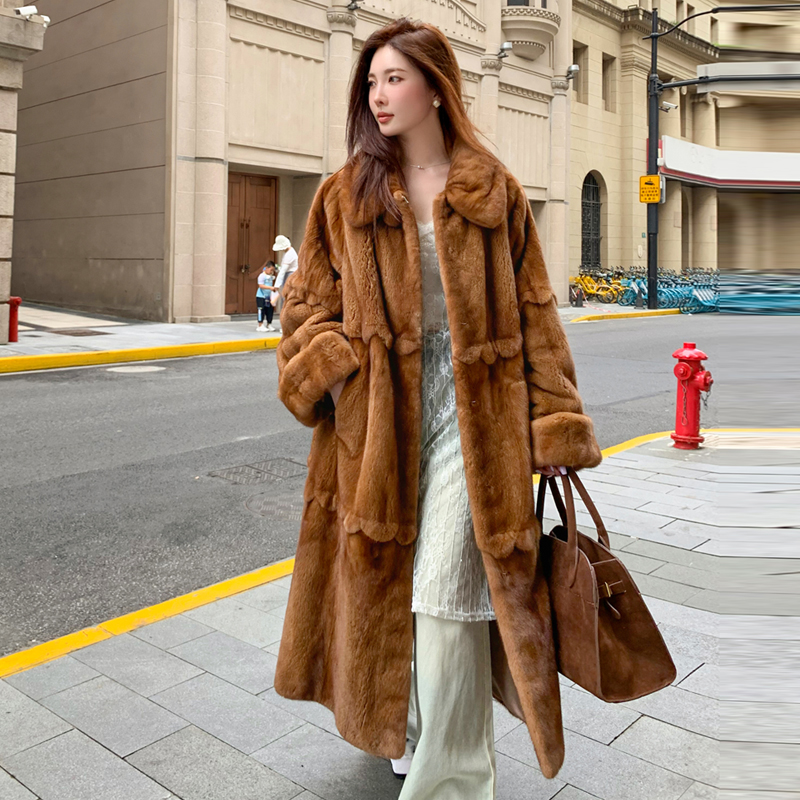 “花瓣貂”翻领挽袖大长款水貂大衣外套ZD21Y024