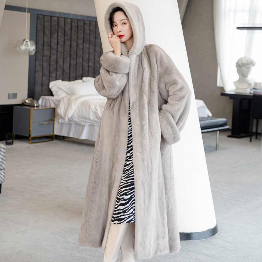 “大女主连帽貂”进口天鹅绒貂皮大衣加长款水貂皮草女外套ZD21Y021