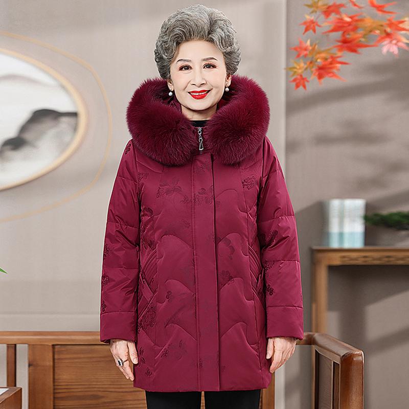 中老年人冬装羽绒服女妈妈中长款加厚宽松冬季老奶奶休闲毛领外套