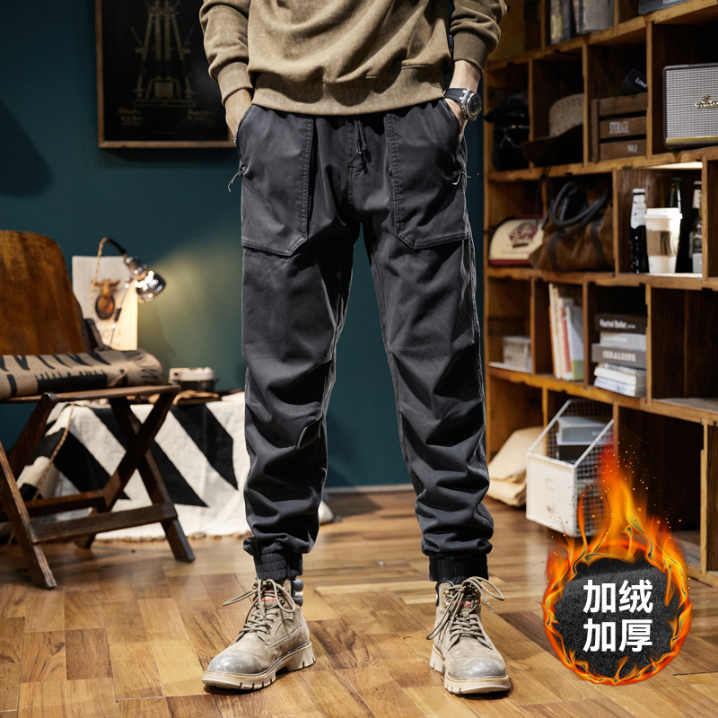 青少年休闲帅气保暖松紧腰束脚户外工装裤男士秋冬加绒加厚休闲裤