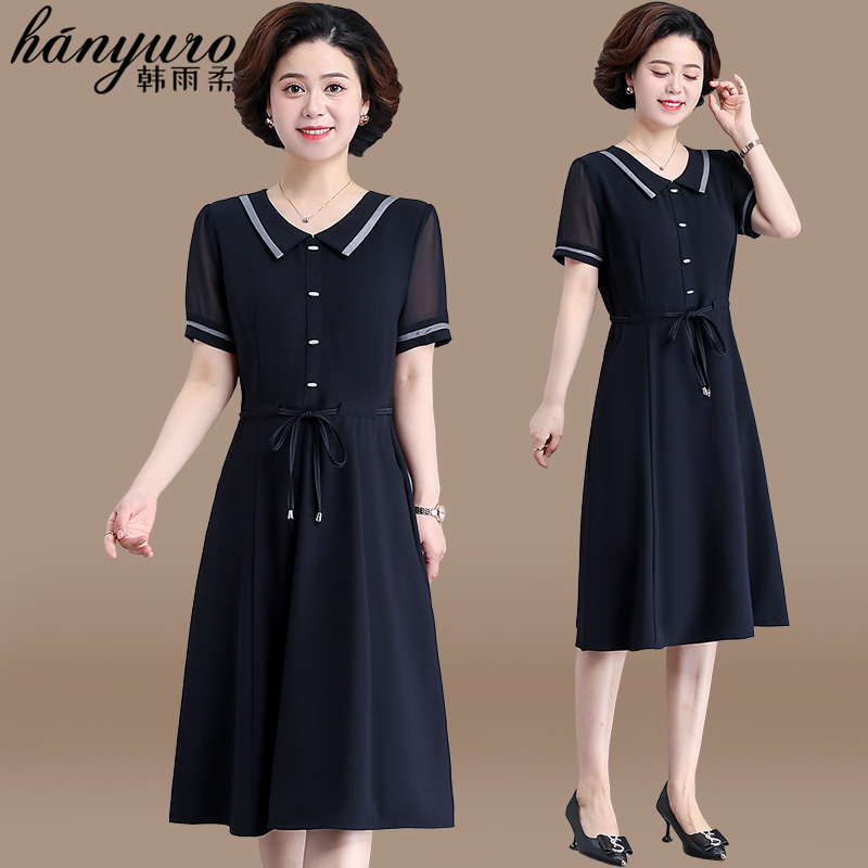 中年妈妈夏装洋气连衣裙女2023新款中老年人女装大码春秋雪纺裙子