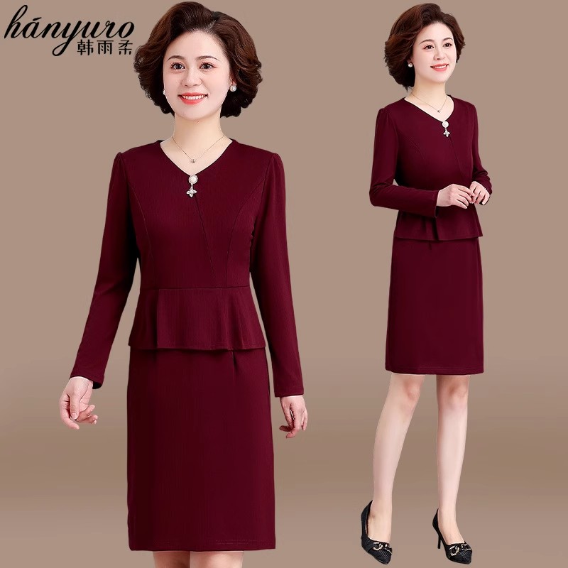 中老年女装妈妈春装结婚礼服假两件连衣裙春秋季喜婆婆婚宴装裙子