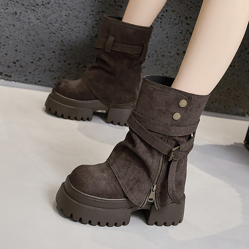 【增高10CM】厚底马丁靴女2025秋冬新款小个子休闲靴子中筒烟筒靴