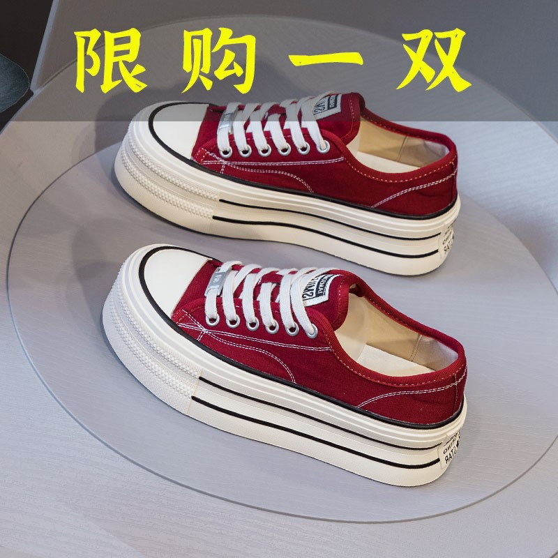 百丽纯爱红色帆布鞋女2023新款春季韩版百搭休闲单鞋增高厚底运
