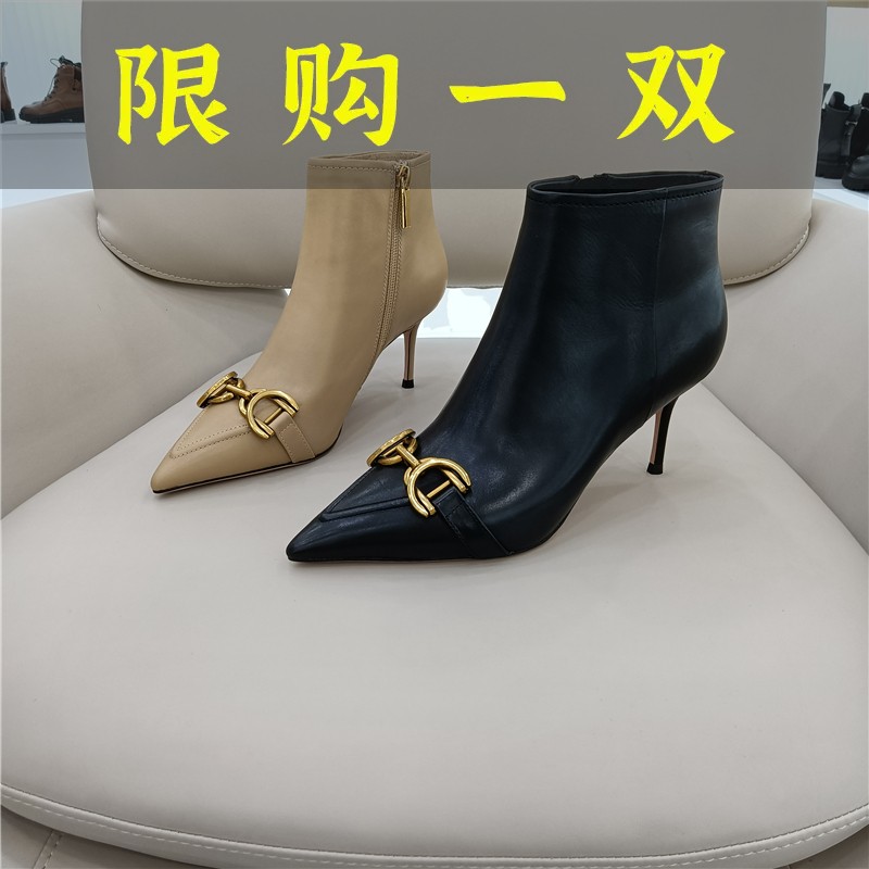 百丽纯爱靴子女2023年新款秋款胎牛皮尖头侧拉链金属扣细跟短靴