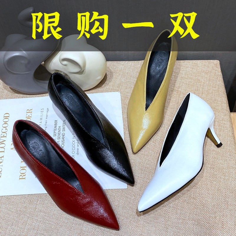 百丽纯爱尖头V口单鞋2023新款百搭软皮高跟瓢鞋浅口复古奶奶鞋