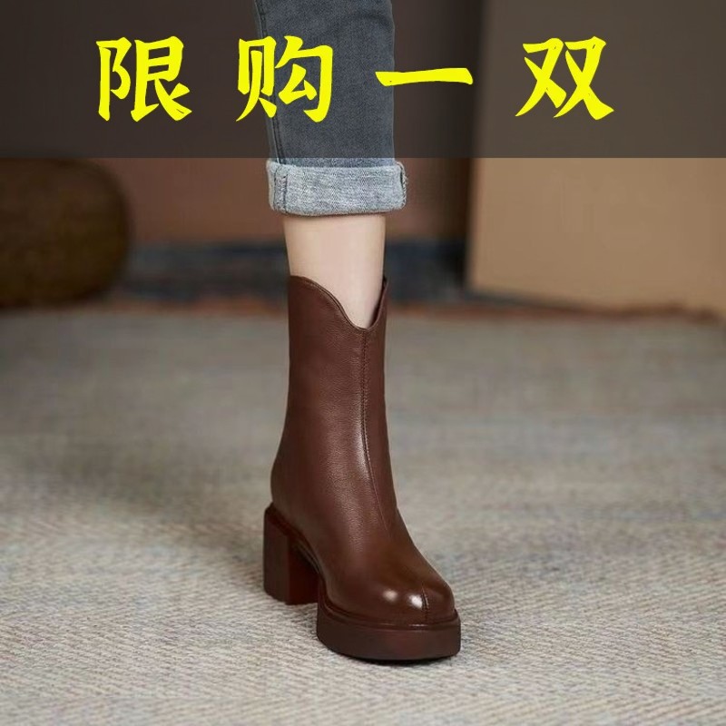 百丽纯爱真软皮高跟时装靴女2023新款秋冬加绒粗跟皮靴保暖短靴