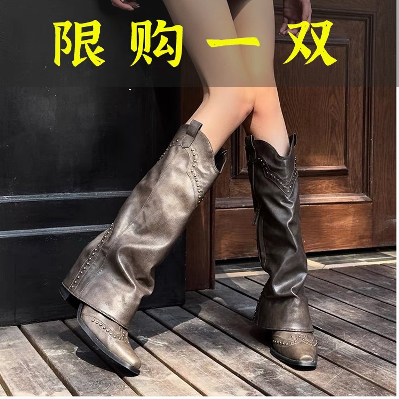 百丽纯爱复古长靴真皮V口马丁靴时尚西部牛仔靴铆钉切尔西烟管