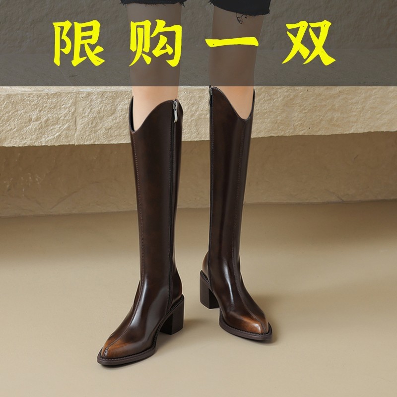百丽纯爱真皮长筒靴女复古擦色粗跟骑士靴百搭高跟牛皮高筒靴不