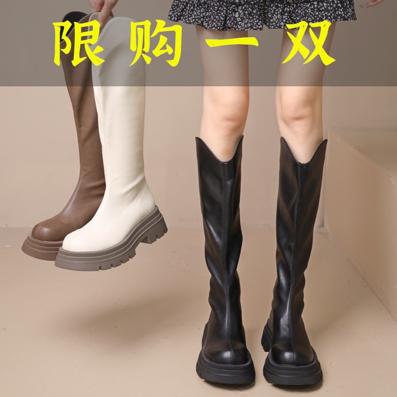 百丽纯爱2023早秋新款厚底显高时尚长筒不过膝高筒复古骑士时装