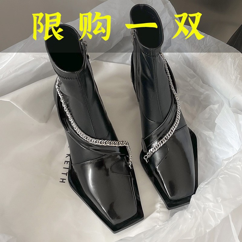 百丽纯爱马丁靴女设计感新款高跟方头粗跟弹力瘦瘦靴真皮切尔西
