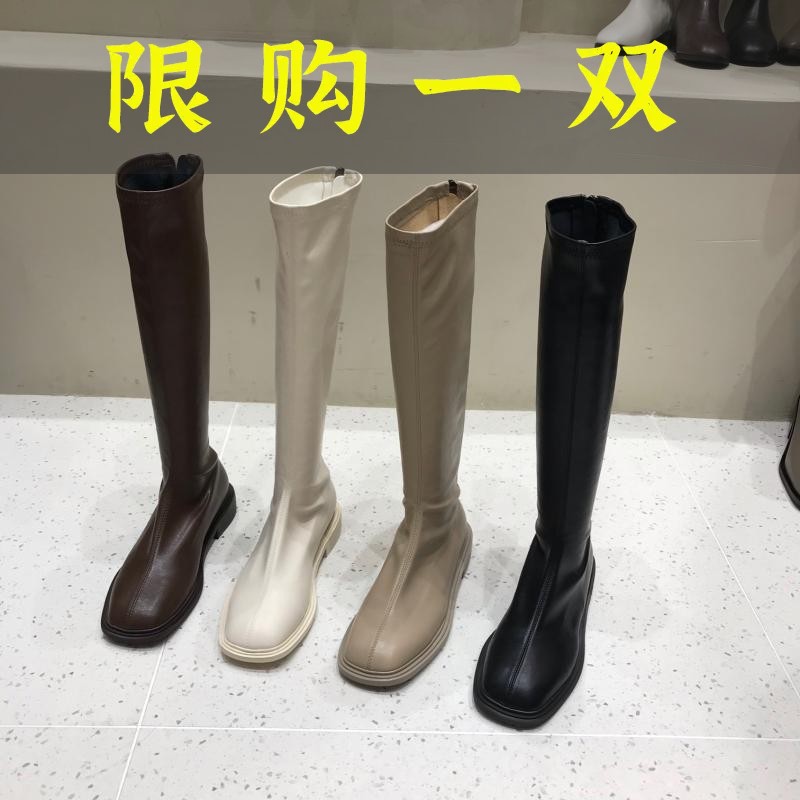 百丽纯爱平底长筒靴女鞋2023年新款薄款卡其色软皮高筒瘦瘦长靴