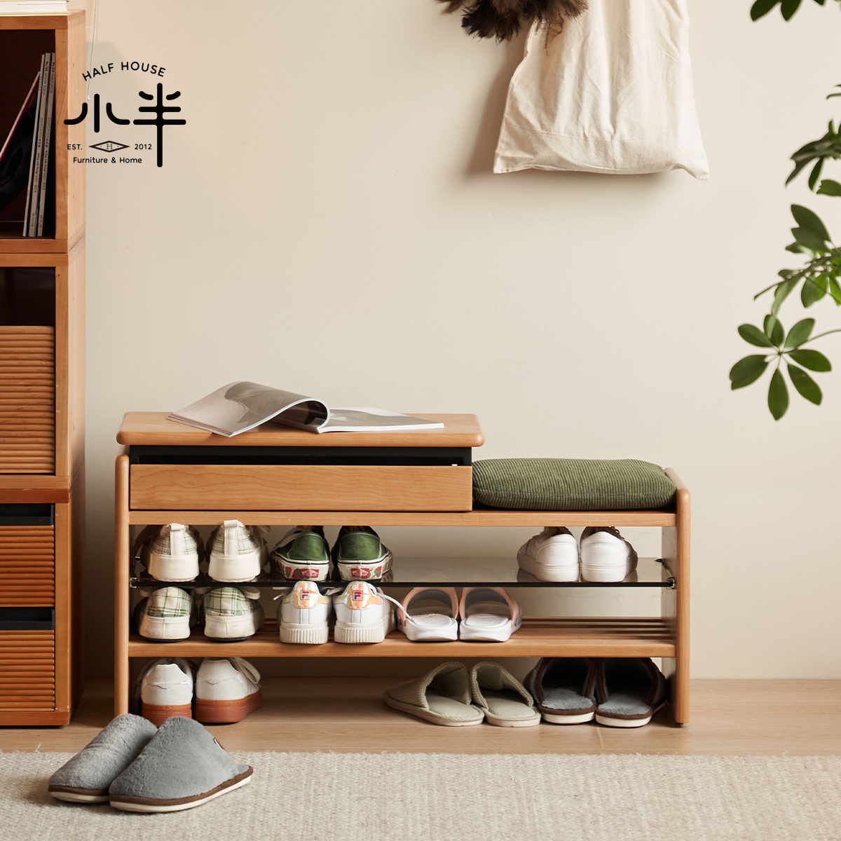 小半家具北欧实木换鞋凳日式鞋柜樱桃木家用门口入户一体长条凳