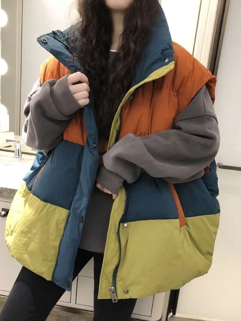 艾菜羽绒服新款爆款宽松欧货拼色羽绒马甲女士女款韩版加厚羽
