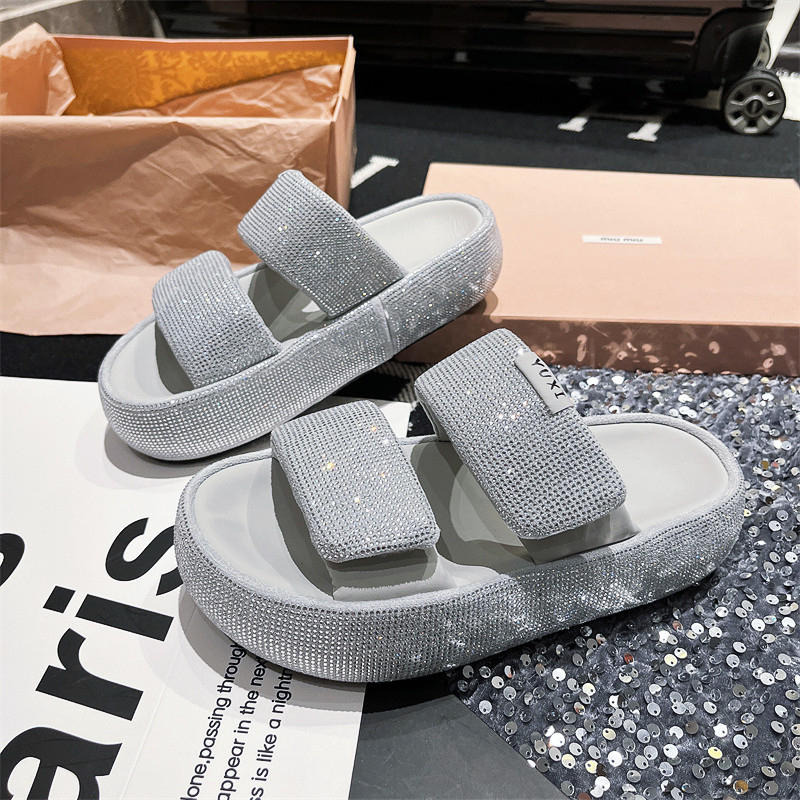 水钻面包拖鞋女2024夏季新款松糕底魔术贴软底凉拖鞋T912