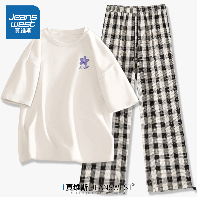 真维斯 运动服套装女夏季2024新款初中生纯棉宽松短袖t恤两件套