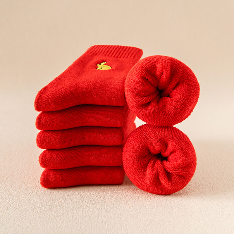 加厚毛圈保暖红袜子男女结婚囍袜冬天纯棉防寒毛巾新年本命年长袜