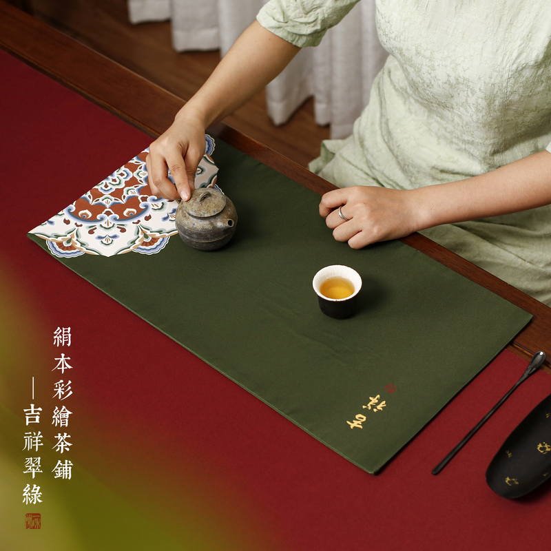厦亨工坊彩绘绢本茶铺防水茶席茶布垫宝相花干泡席壶垫茶道配件