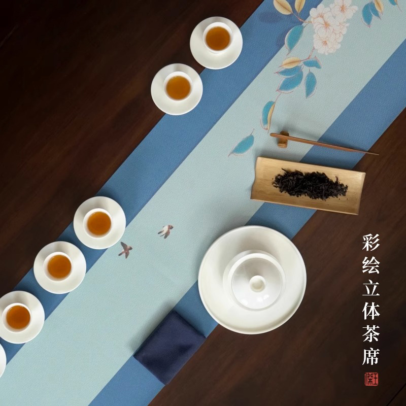 厦亨工坊防水茶席布中式禅意桌旗干泡茶室茶桌布茶旗彩绘荷花茶布